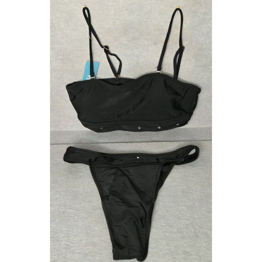 CUPSHE Black Bikini SZ S Womens Two Pc Cutout Trim Bandeau Top And Bottoms NWT